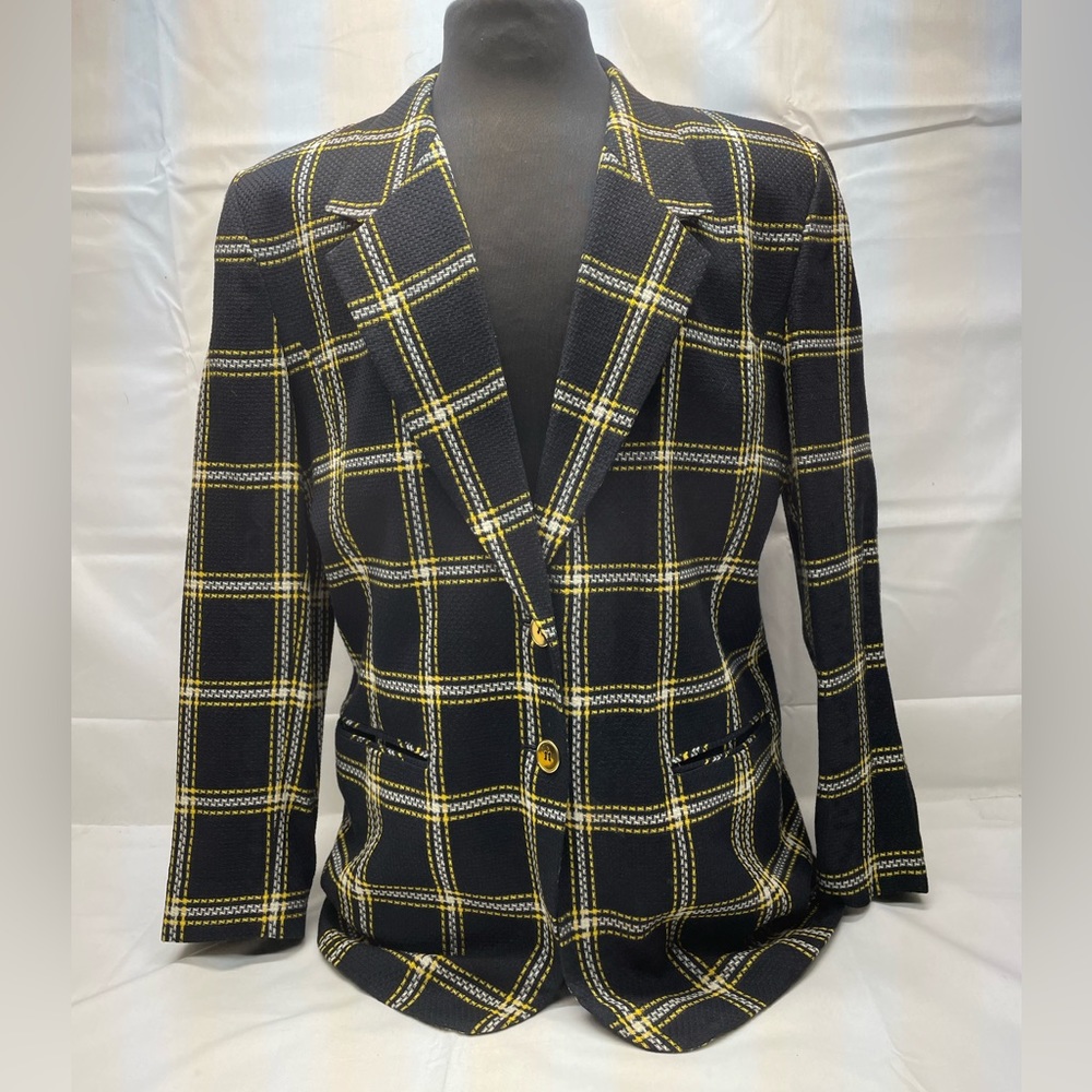 Miss Sophisticates by Pendleton Blazer Jacket Womens 14 Black Yellow Plaid Linen